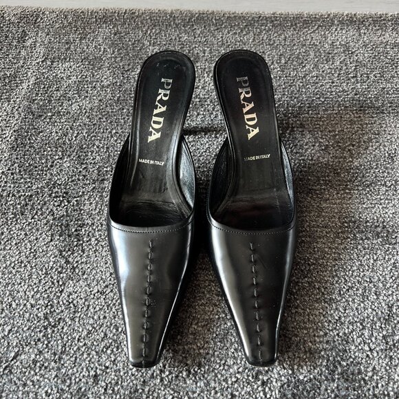 Prada Mules Black Leather Slip On Kitten Heels Slides Shoes Size 37 Made Italy - Picture 2 of 16